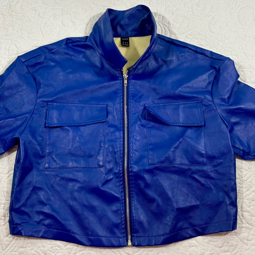 Shein Women's Blue Faux Leather Zip Up Jacket Size Medium Pre-Owned